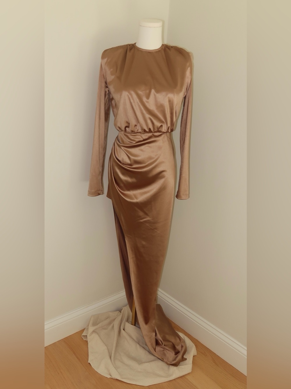 Revolve x Bronx and Banco : Farrah Maxi - Long Sleeve Satin Dress in Bronze